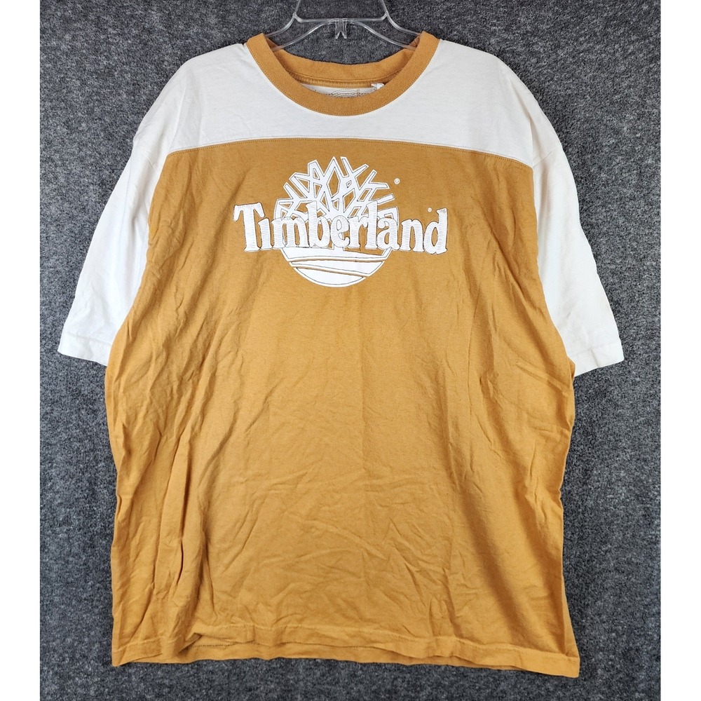 Timberland T-Shirt Mens 3XL Colorblock Graphic Logo Orange White Tee EUC